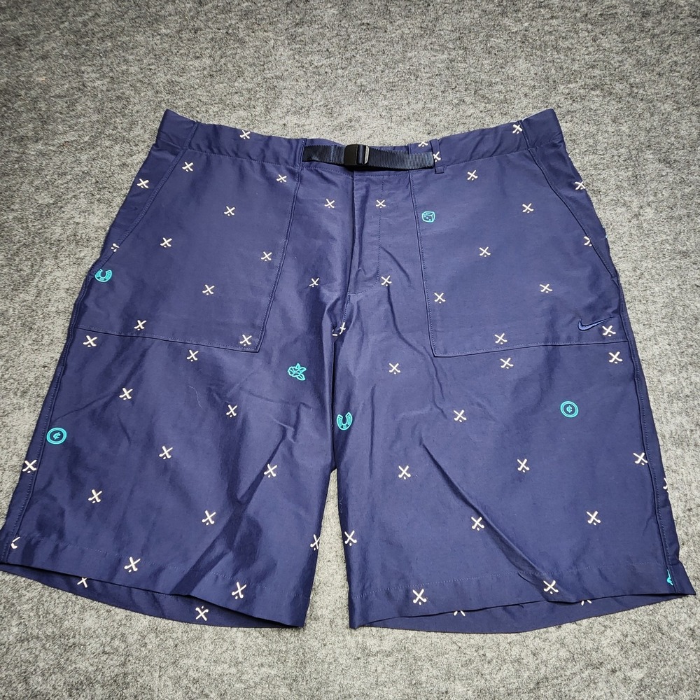 Nike Dri Fit Slim Navy Blue Golf Shorts Clubs Charms Belted All Over Print 40